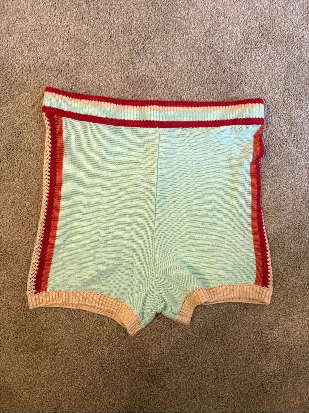 Anthropologie Aqua Knit High-Waist Bike Shorts with Red and Peach Trim